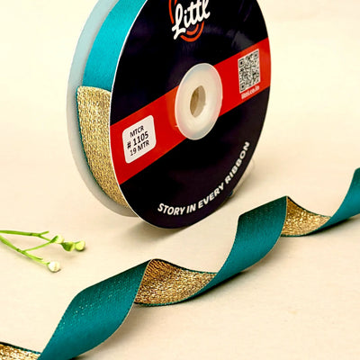 THE UDAIPUR GOLD - Duo Sheen Satin Metallic Ribbon 20mm | Turquoise & Gold | 19m Roll   Littl