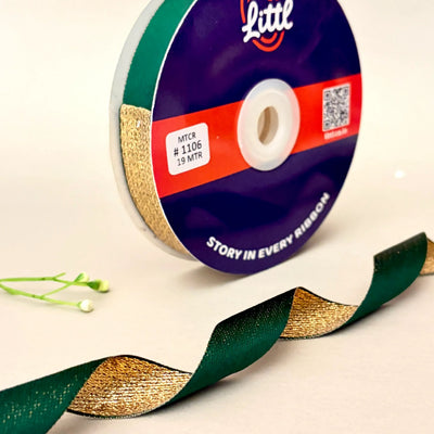 THE MONSOON GOLD - Duo Sheen Satin Metallic Ribbon 20mm | Green & Gold | 19m Roll   Littl