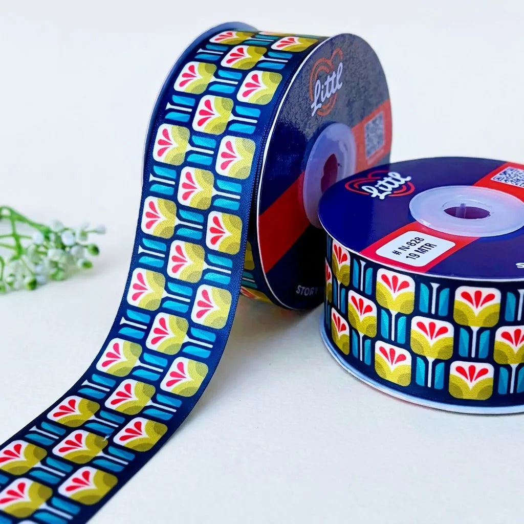 Tulip Tile Retro printed satin ribbon roll, cream tulips with red and teal petals in tiles on navy blue with a white back, 1.5 inch (38 mm) – Littl