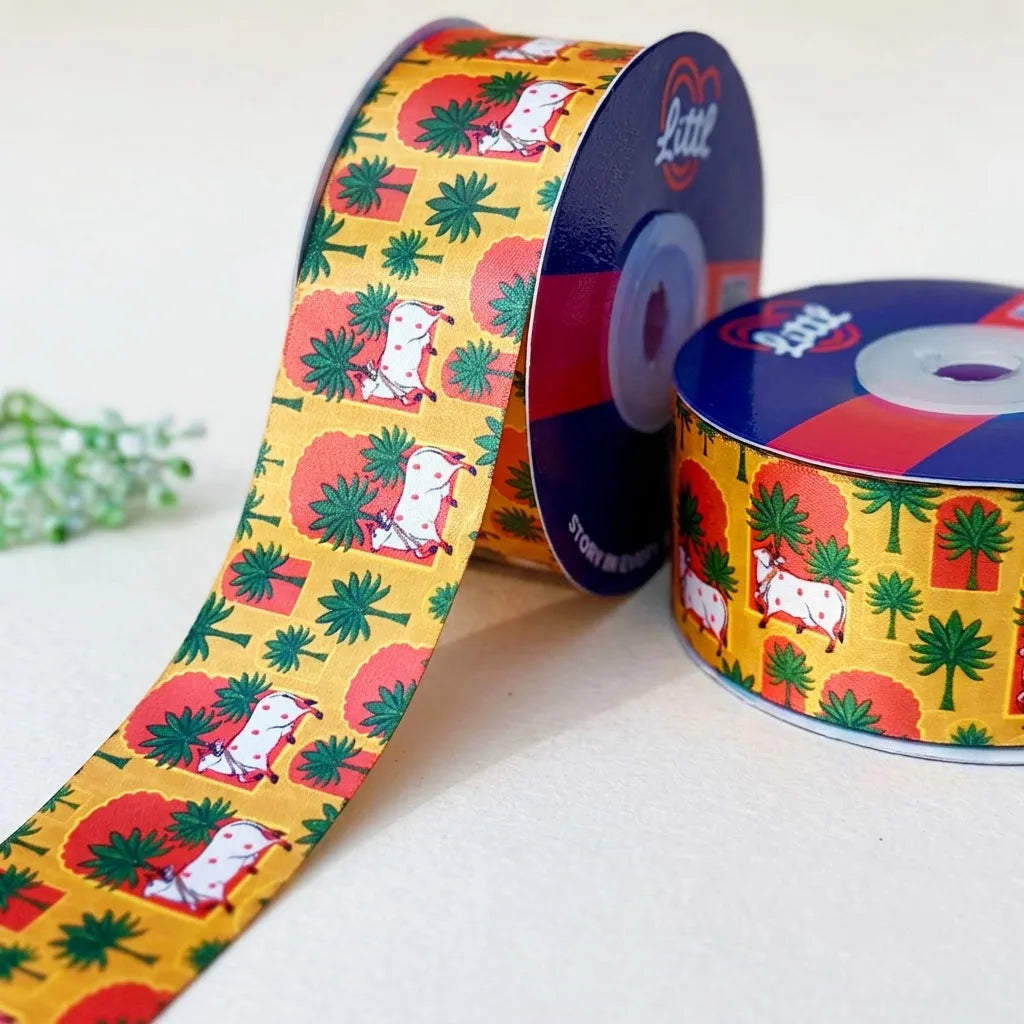 Gau Mata Folk Pichrang printed satin ribbon roll, Pichwai cows under palm trees on yellow and orange with a white back, 1.5 inch (38 mm) – Littl