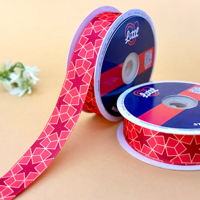 Red Star Geometric Printed Ribbon 25mm - 25mm printed ribbon by Littl India