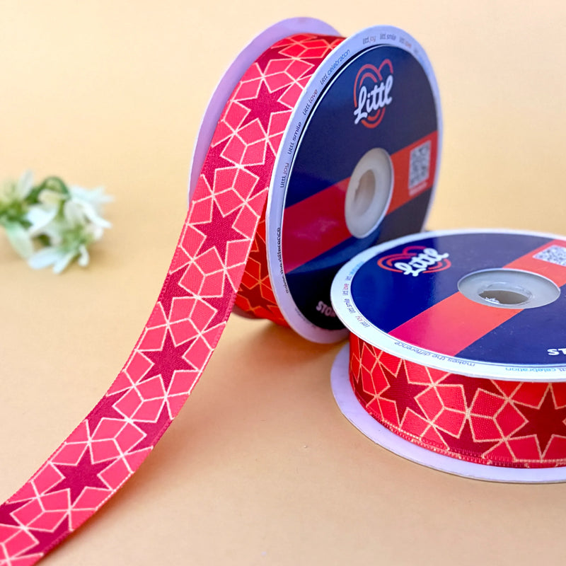 Red Star Geometric Printed Ribbon 25mm - 25mm printed ribbon by Littl India