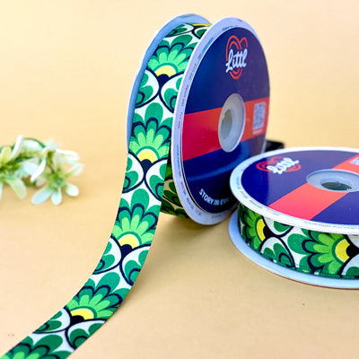 Green Folk Floral Printed Ribbon 20mm - 20mm printed ribbon by Littl India
