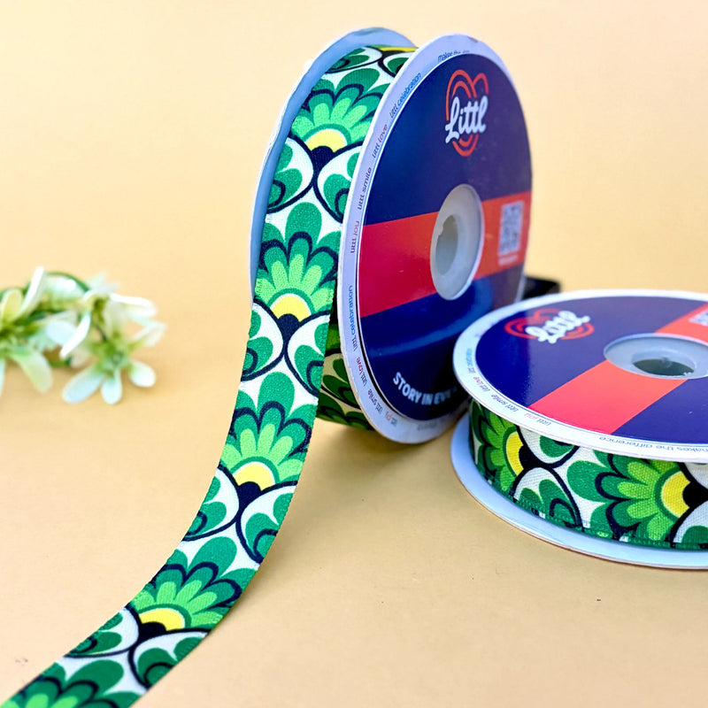 Green Folk Floral Printed Ribbon 20mm - 20mm printed ribbon by Littl India