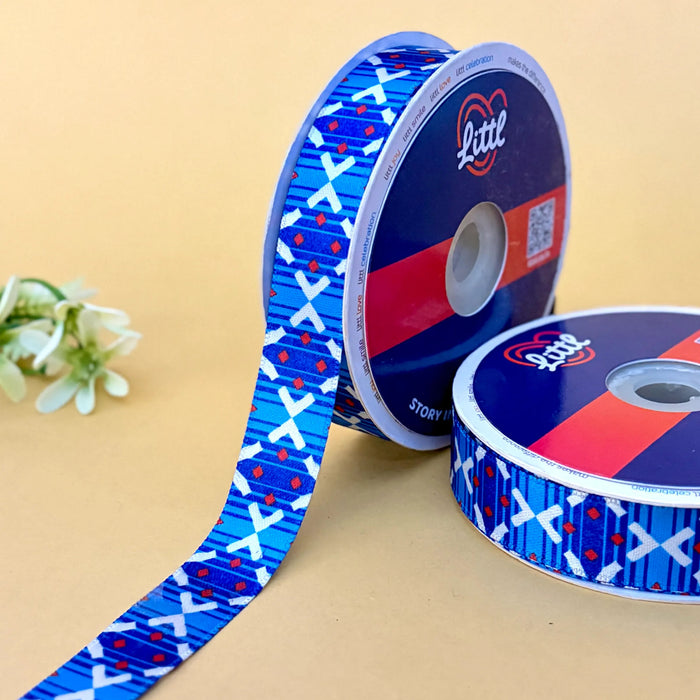 Cross Stitch Blue – Printed Satin Ribbon, 20 mm