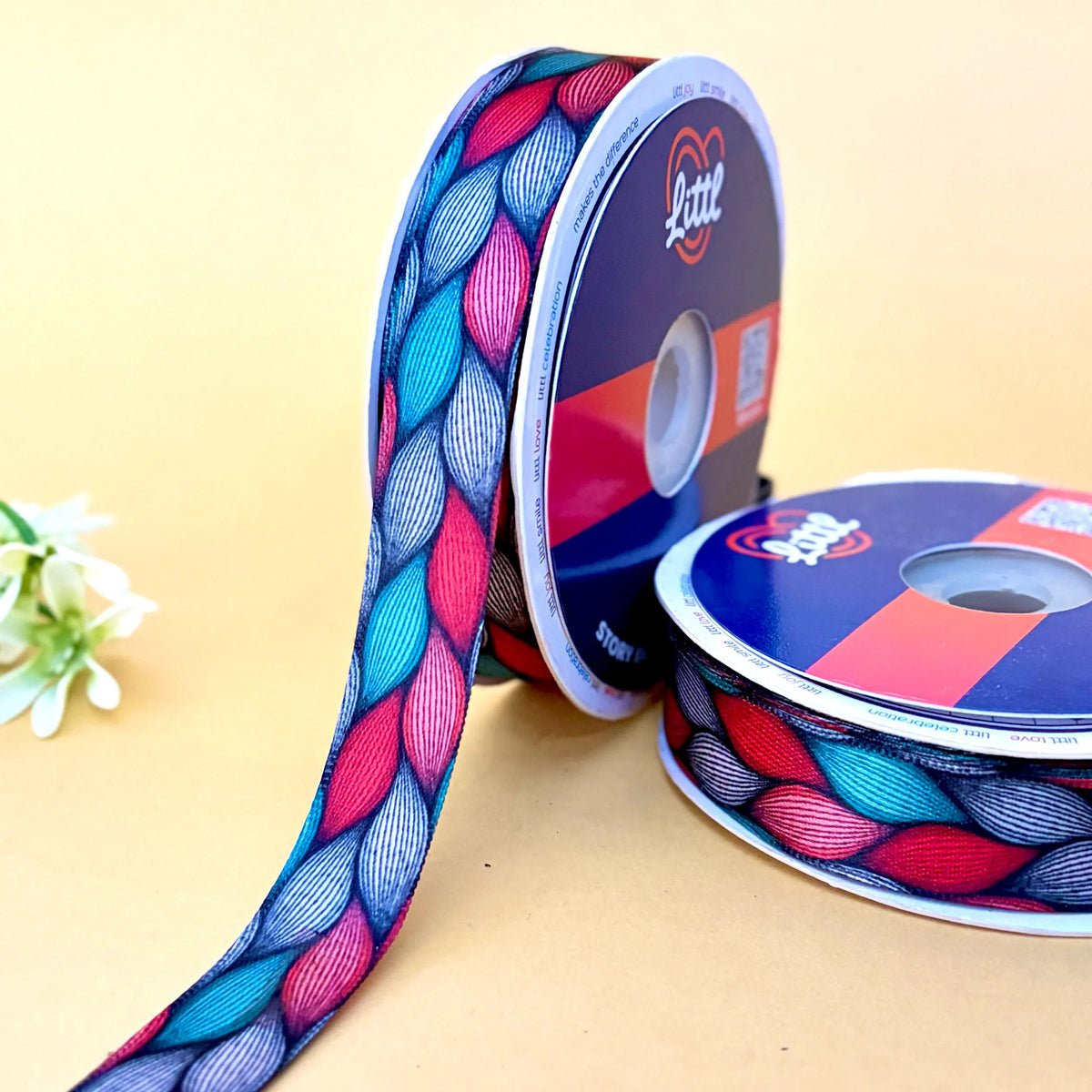 Braid Coral Teal – Printed Satin Ribbon, 3/4 inch (20 mm), by Littl