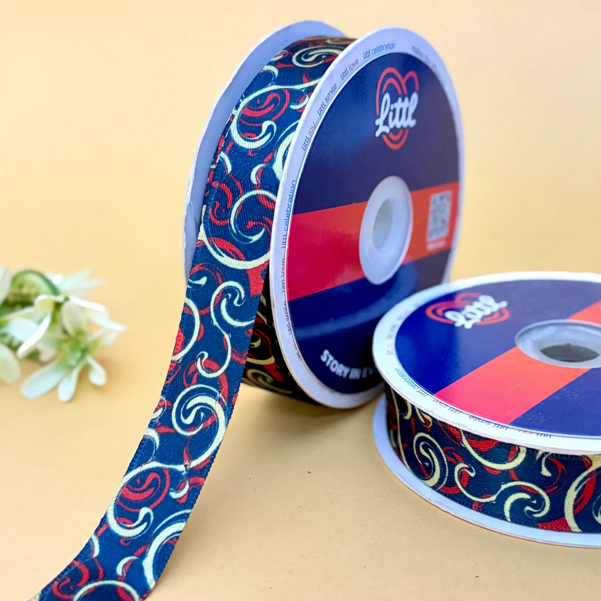 Scroll Navy Gold – Printed Satin Ribbon, 3/4 inch (20 mm), by Littl