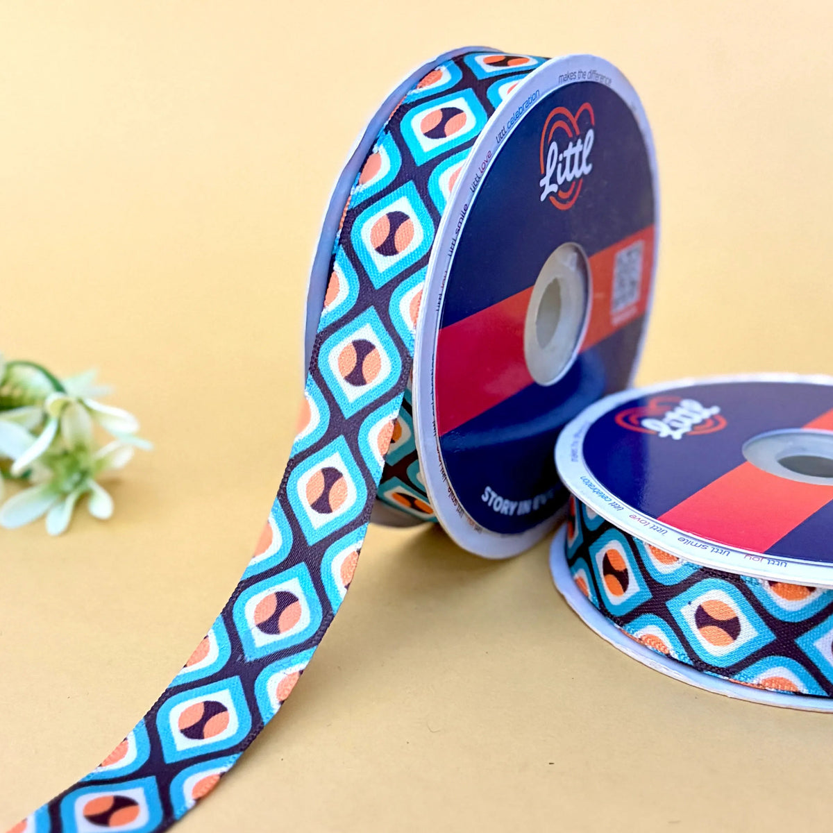 Retro Tile Aqua – Printed Satin Ribbon, 3/4 inch (20 mm), by Littl