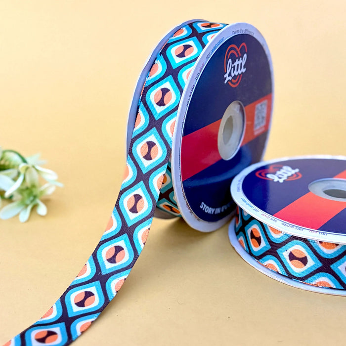 Retro Tile Aqua – Printed Satin Ribbon, 20 mm