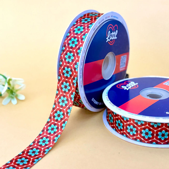 Hex Bloom Rust – Printed Satin Ribbon, 20 mm