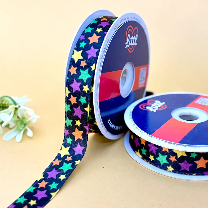 Stars Rainbow Night – Printed Satin Ribbon, 20 mm