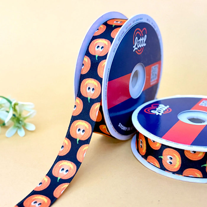 Pumpkin Smile Black – Printed Satin Ribbon, 20 mm