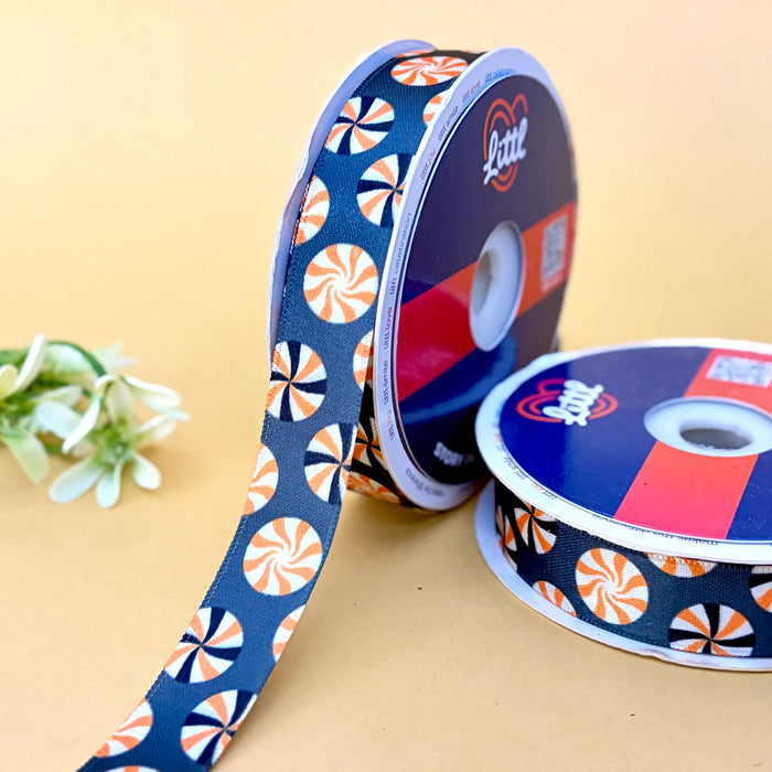 Candy Swirl Navy – Printed Satin Ribbon, 20 mm