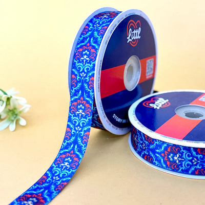 Blue Floral Scroll Printed Ribbon 20mm - 20mm printed ribbon by Littl India