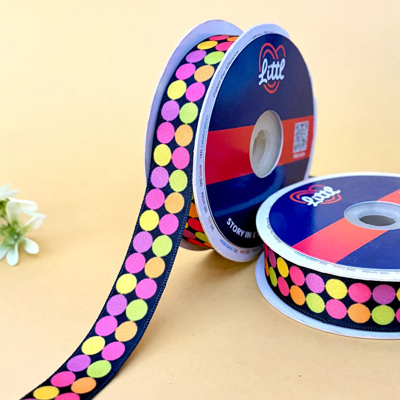 Neon Circle Dot Printed Ribbon 20mm - 20mm printed ribbon by Littl India