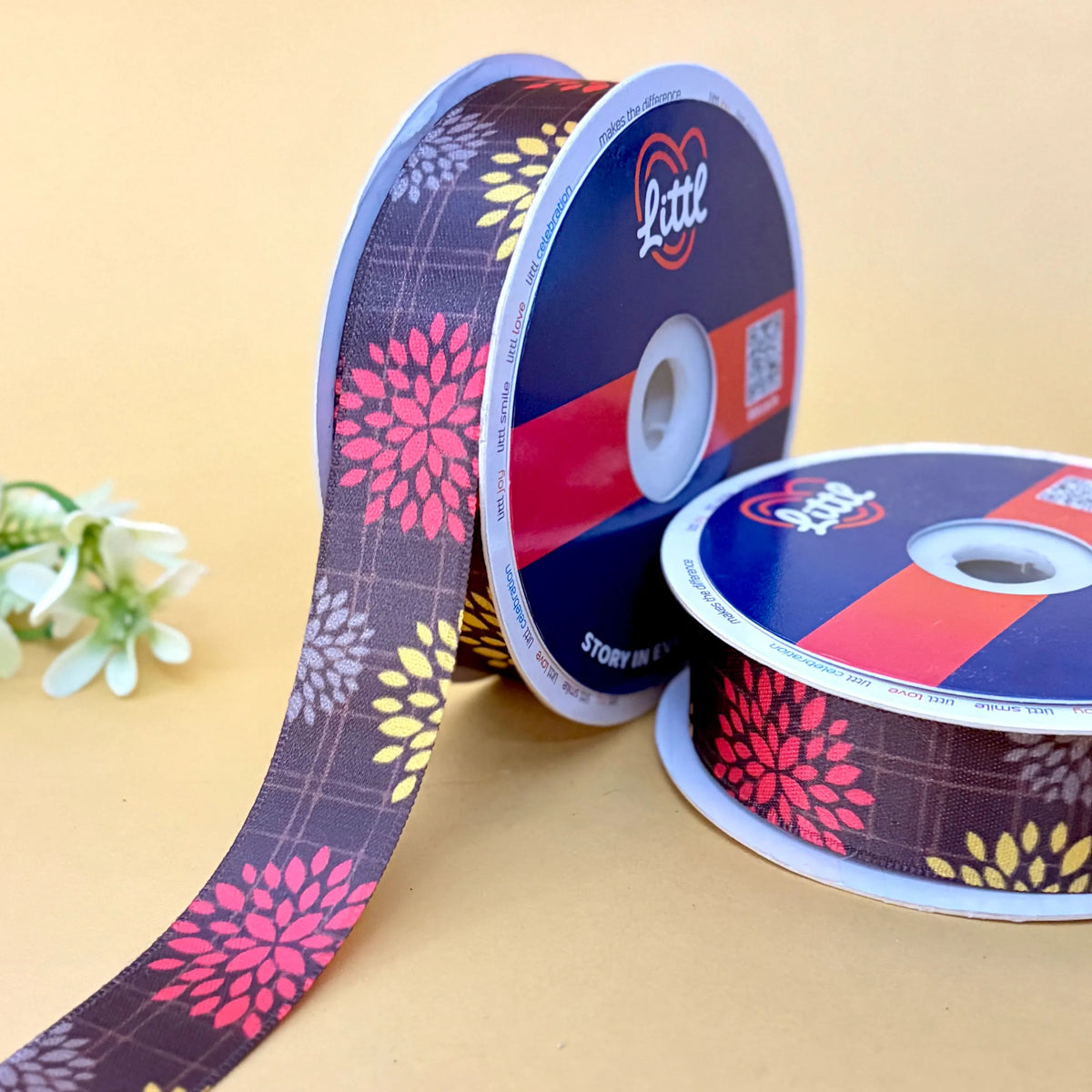 Dahlia Cocoa Bloom – Printed Satin Ribbon, 1 inch (25 mm), by Littl