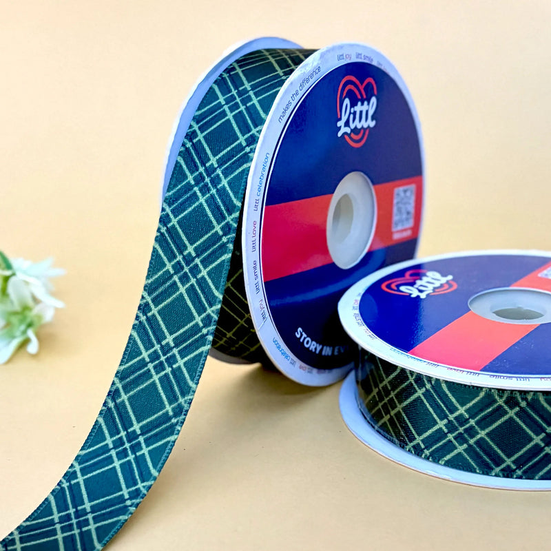 Teal Plaid Printed Ribbon 25mm - 25mm printed ribbon by Littl India
