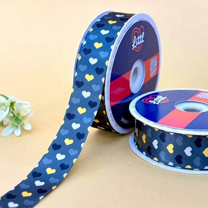 Hearts Navy Sunshine – Printed Satin Ribbon, 25 mm