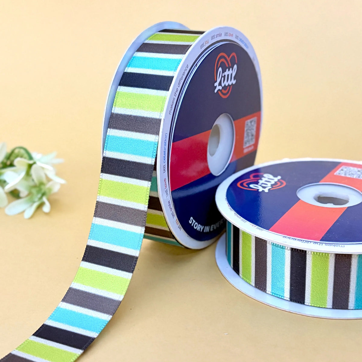 Stripe Lime Aqua – Printed Satin Ribbon, 1 inch (25 mm), by Littl