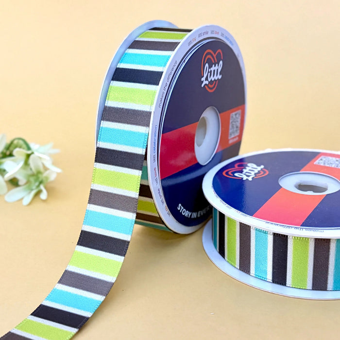 Stripe Lime Aqua – Printed Satin Ribbon, 25 mm