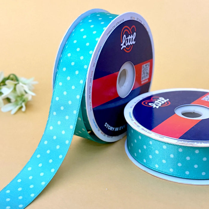 Pin Dot Turquoise – Printed Satin Ribbon, 25 mm