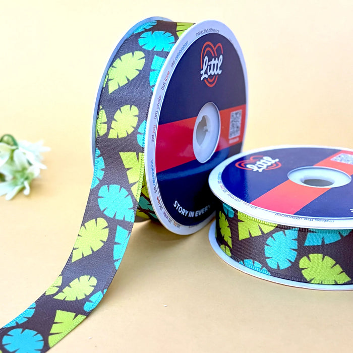 Monstera Leaf Cocoa – Printed Satin Ribbon, 25 mm