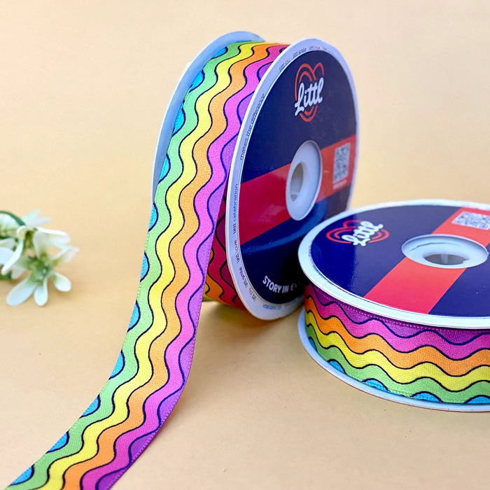 Rainbow Ripple – Printed Satin Ribbon, 25 mm