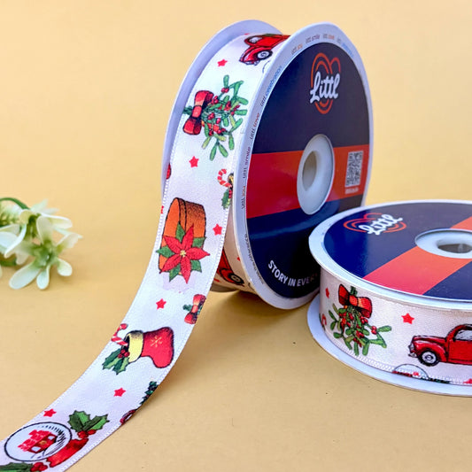 -Printed Satin Ribbon 25mm 23m Christmas Theme Gift Wrap Décor-Littl