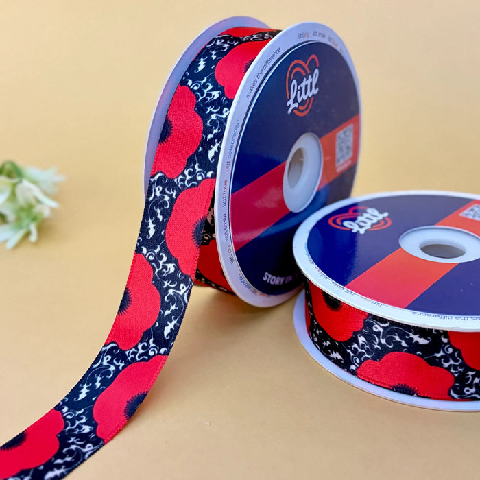 Poppy Red Noir – Printed Satin Ribbon, 25 mm
