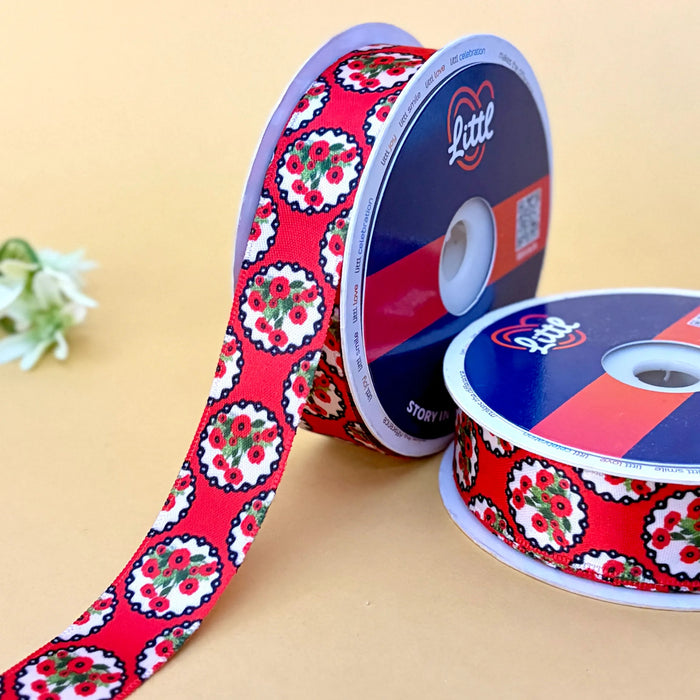 Rose Cameo Red – Printed Satin Ribbon, 25 mm