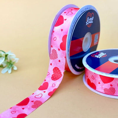 Pink Heart Scatter Printed Ribbon 25mm - 25mm printed ribbon by Littl India
