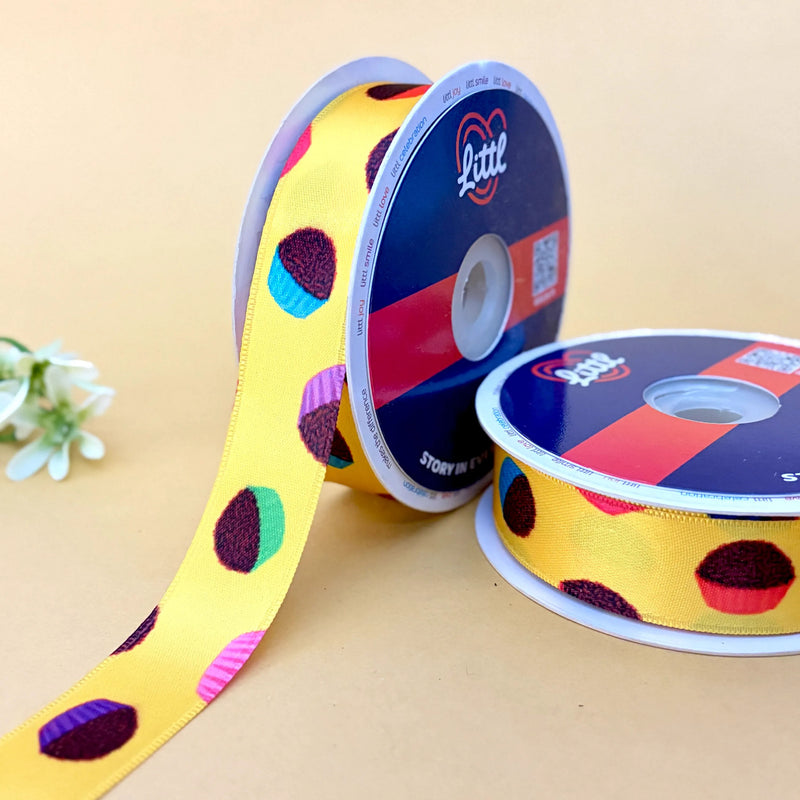 Yellow Polka Dot Printed Ribbon 25mm - 25mm printed ribbon by Littl India
