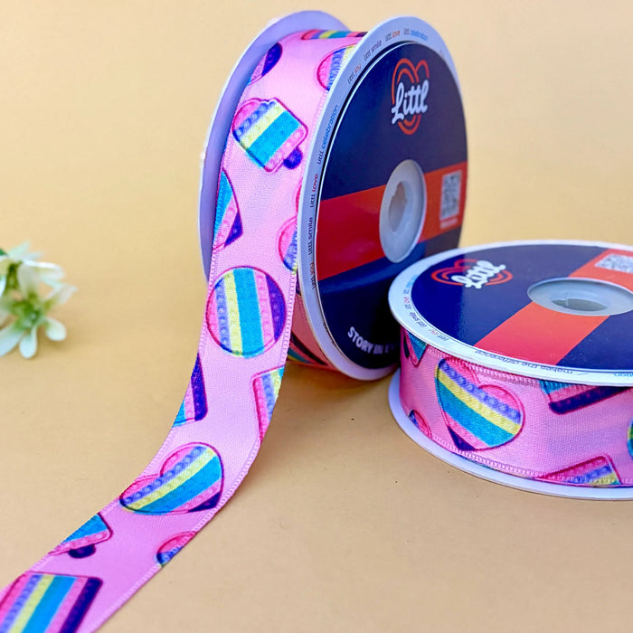 Hearts Rainbow Stripe – Printed Satin Ribbon, 25 mm