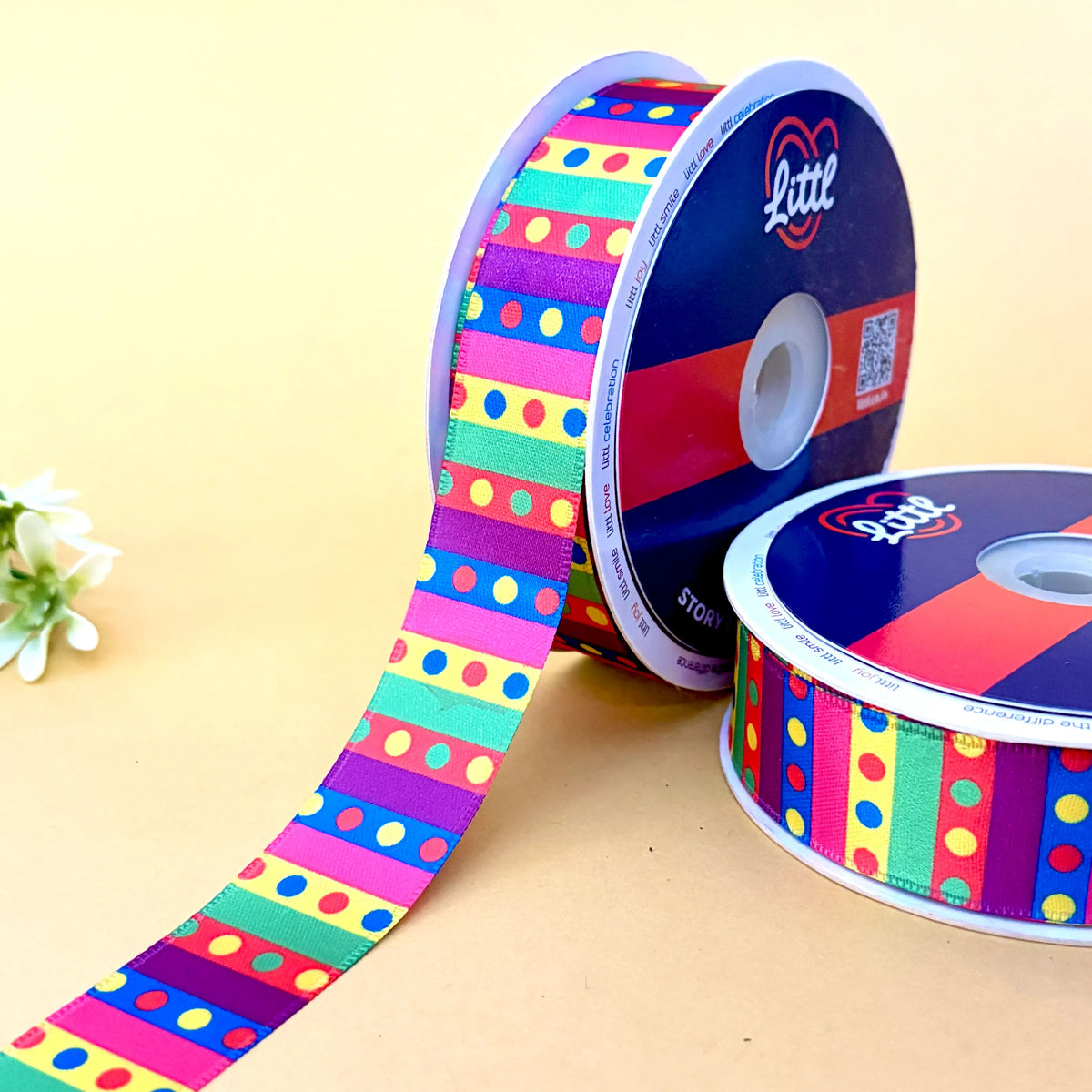 Stripe Dot Fiesta – Printed Satin Ribbon, 1 inch (25 mm), by Littl