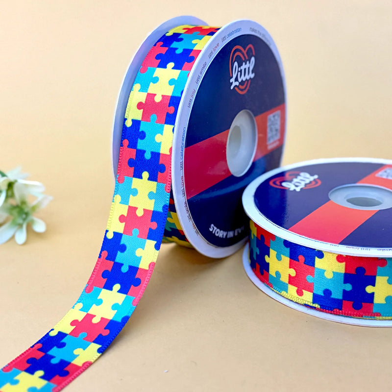 Puzzle Piece Printed Ribbon 25mm - 25mm printed ribbon by Littl India
