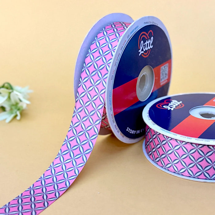 Trellis Pink Grey – Printed Satin Ribbon, 25 mm