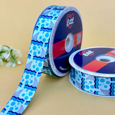 Blue Aqua Geometric Printed Ribbon 25mm - 25mm printed ribbon by Littl India