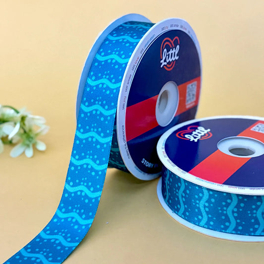 -Printed Satin Ribbon 25mm 23m Aqua Theme Single Face Gift Wrap-Littl