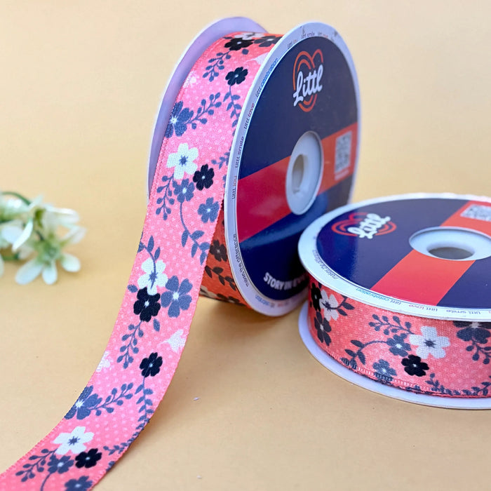 Blossom Coral Sprig – Printed Satin Ribbon, 25 mm