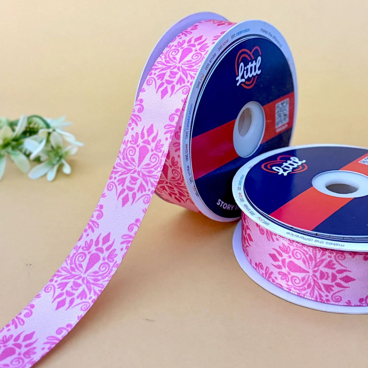 Damask Petal Pink – Printed Satin Ribbon, 1 inch (25 mm), by Littl