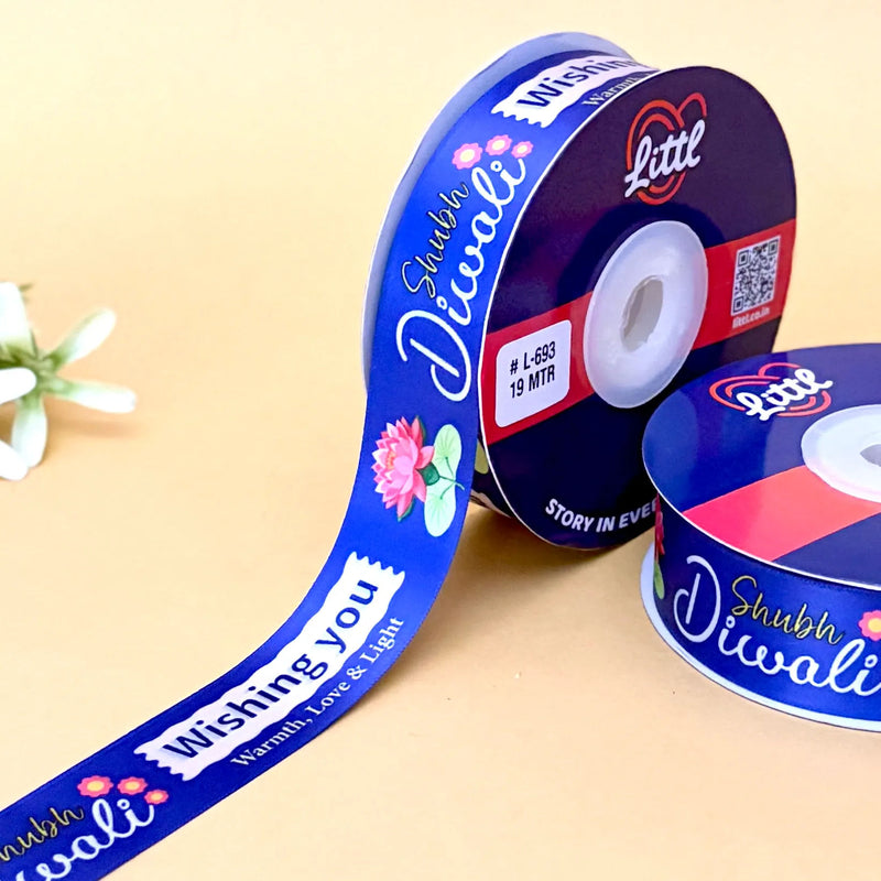 Happy Diwali Printed Ribbon 25mm - Fuchsia - printed satin ribbon by Littl India