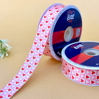 Pink Heart Printed Ribbon 25mm - 25mm printed ribbon by Littl India