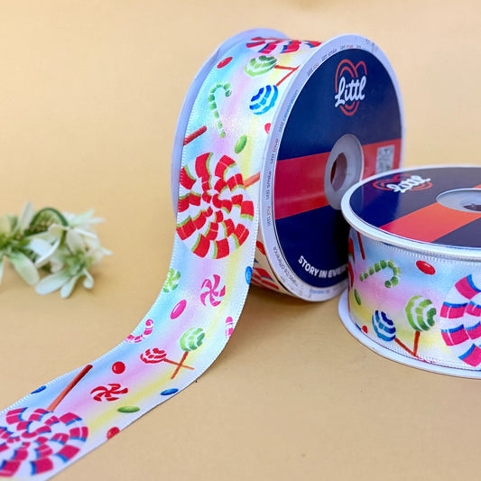 Ribbon-Multi Color Printed Ribbon 40mm 23m Single Face Satin Craft Wrap-Littl