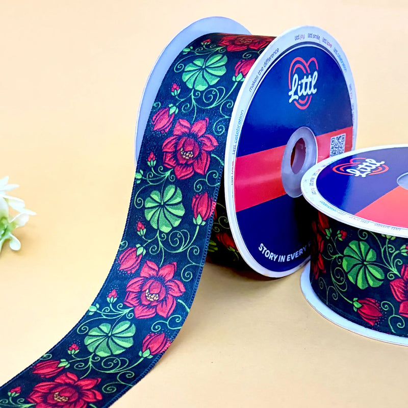 Green Floral Vine Printed Ribbon 40mm - 40mm printed ribbon by Littl India
