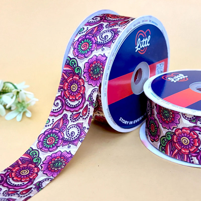 Purple Paisley Printed Ribbon 40mm - 40mm printed ribbon by Littl India