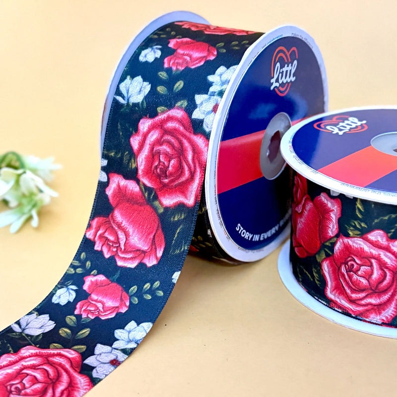 Dark Rose Printed Ribbon 50mm - 50mm printed ribbon by Littl India