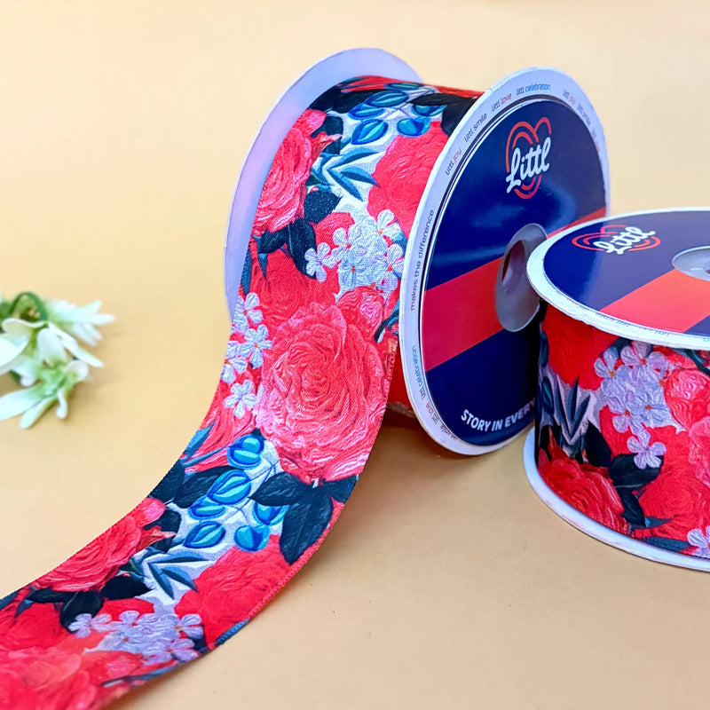 Pink Peony Printed Ribbon 50mm - 50mm printed ribbon by Littl India