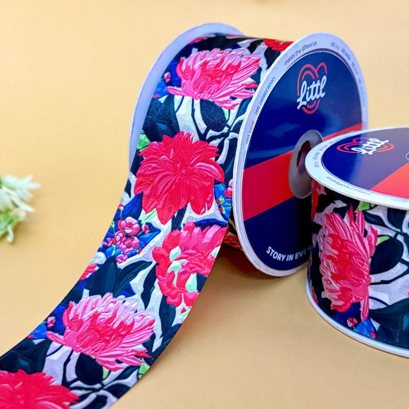 Magenta Bloom Printed Ribbon 50mm - 50mm printed ribbon by Littl India