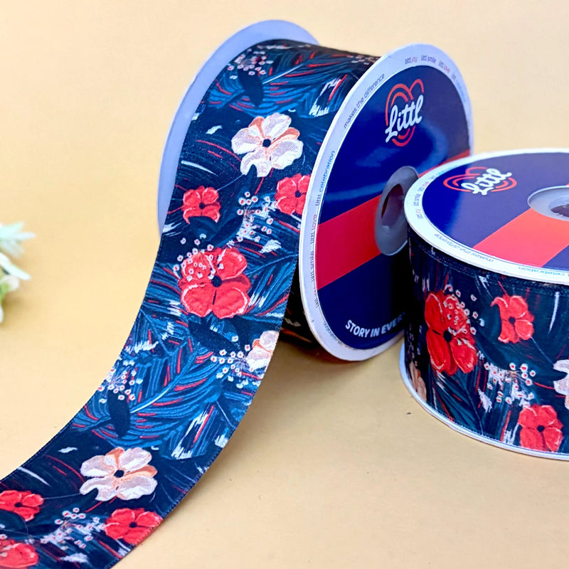 Navy Floral Printed Ribbon 50mm - 50mm printed ribbon by Littl India