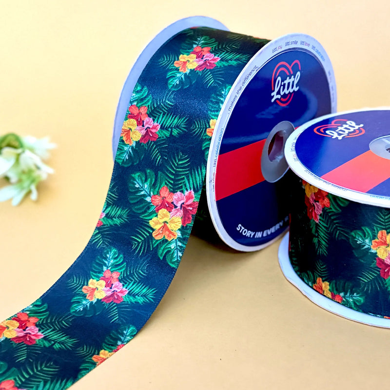 Teal Floral Printed Ribbon 50mm - 50mm printed ribbon by Littl India
